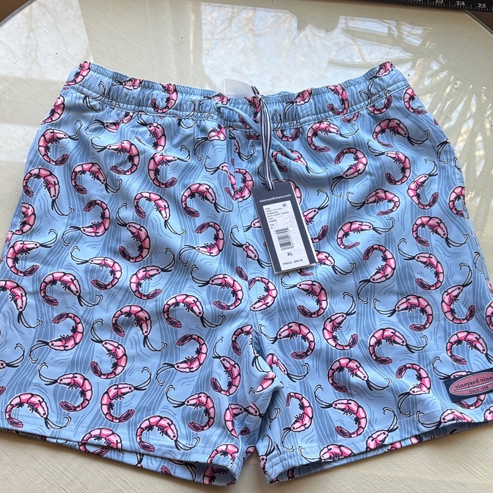 NWT Boys Vineyard Vines Blue and Pink shrimp design Swim Shorts